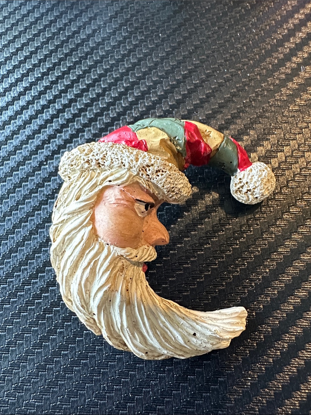 Handcrafted Cream Santa Moon Brooch with Red & Green Hat Pin